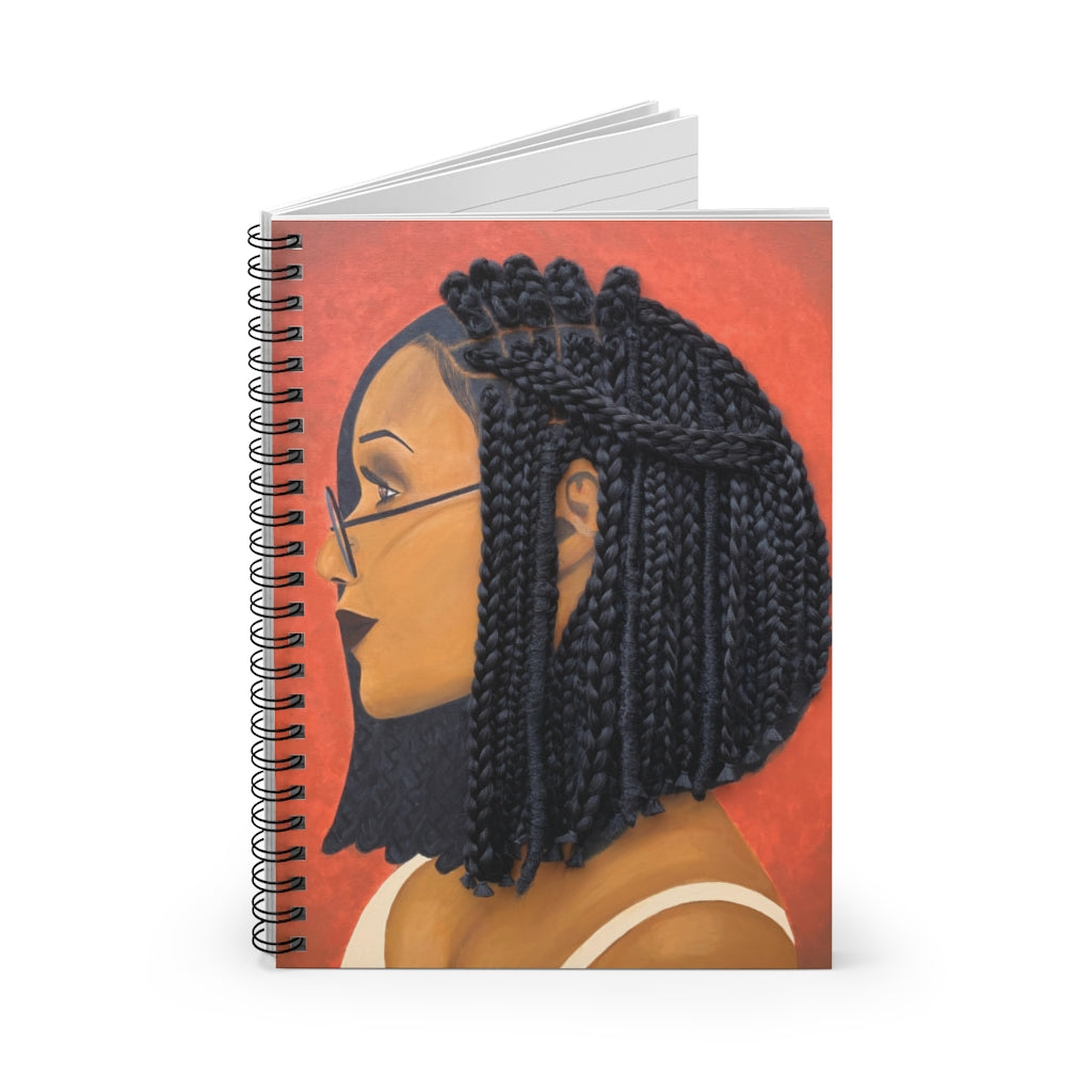 Notebook, journal, stationary, paper, Harmony 3D Hair Art Orange background with asymmetrical box braids and glasses. Black art, 3D Hair art, natural hair art