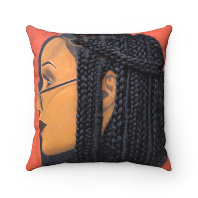 pillow, pillow case, throw pillow, decor, home Harmony 3D Hair Art Orange background with asymmetrical box braids and glasses. Black art, 3D Hair art, natural hair art