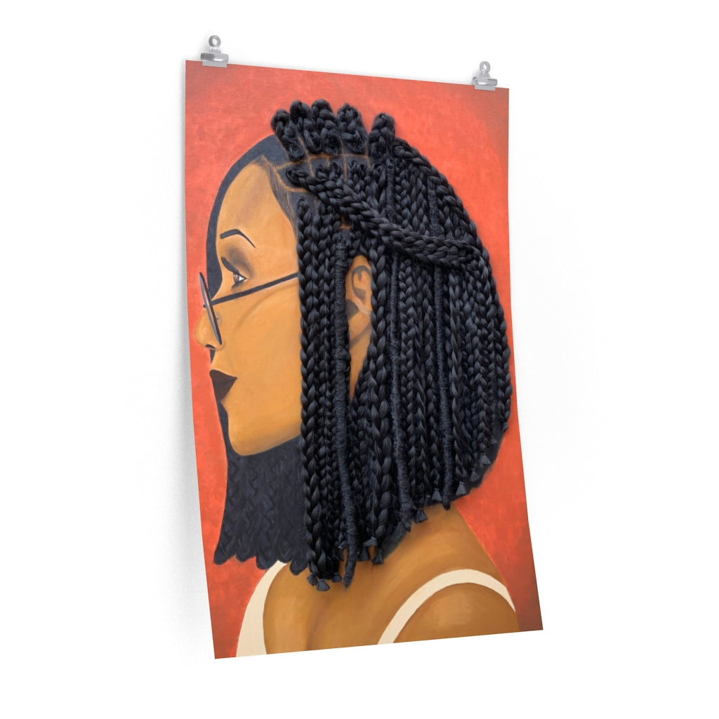 Print, decor, home Harmony 3D Hair Art Orange background with asymmetrical box braids and glasses. Black art, 3D Hair art, natural hair art