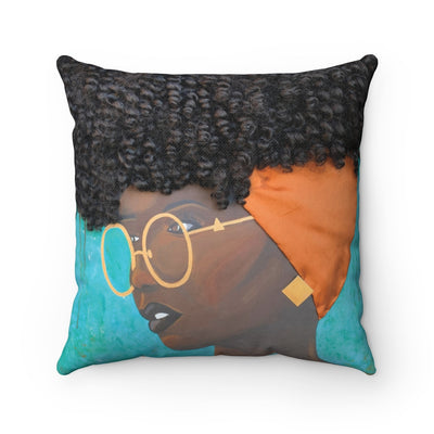 Pillow, pillow case, throw pillow, decor, home, art, Dreamer 3D Hair Art Blue background with curly hair and an orange head scarf with gold jewelry, and glasses. Black art, 3D Hair art, natural hair art