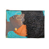 pouch, bag, makeup bag, pencil bag, wallet, purse, art, Dreamer 3D Hair Art Blue background with curly hair and an orange head scarf with gold jewelry, and glasses. Black art, 3D Hair art, natural hair art