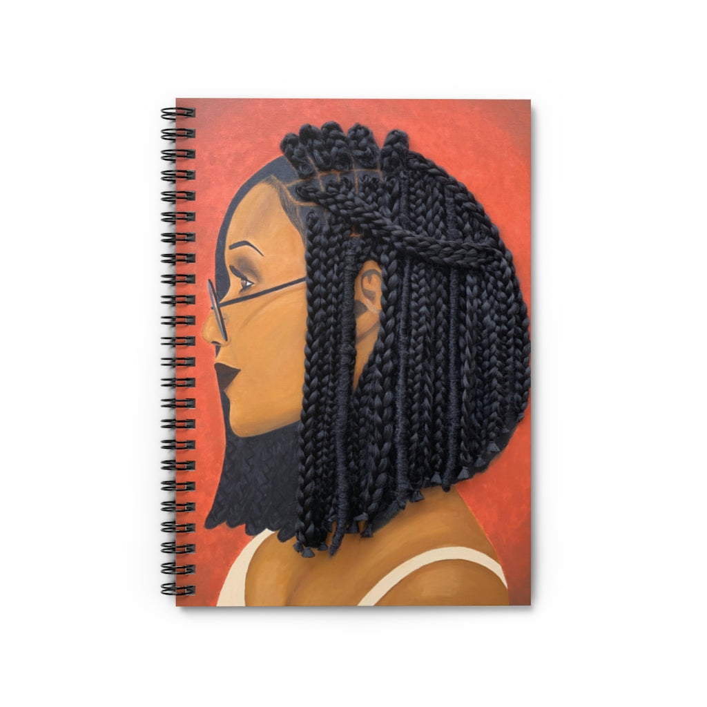 Notebook, journal, stationary, paper, Harmony 3D Hair Art Orange background with asymmetrical box braids and glasses. Black art, 3D Hair art, natural hair art