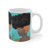 mug, cup, coffee mug, tea cup, art, Dreamer 3D Hair Art Blue background with curly hair and an orange head scarf with gold jewelry, and glasses. Black art, 3D Hair art, natural hair art