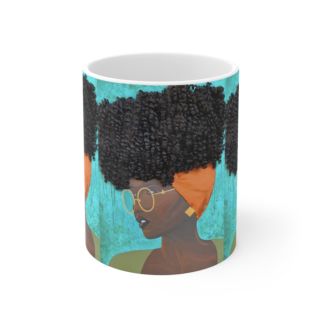 mug, cup, coffee mug, tea cup, art, Dreamer 3D Hair Art Blue background with curly hair and an orange head scarf with gold jewelry, and glasses. Black art, 3D Hair art, natural hair art