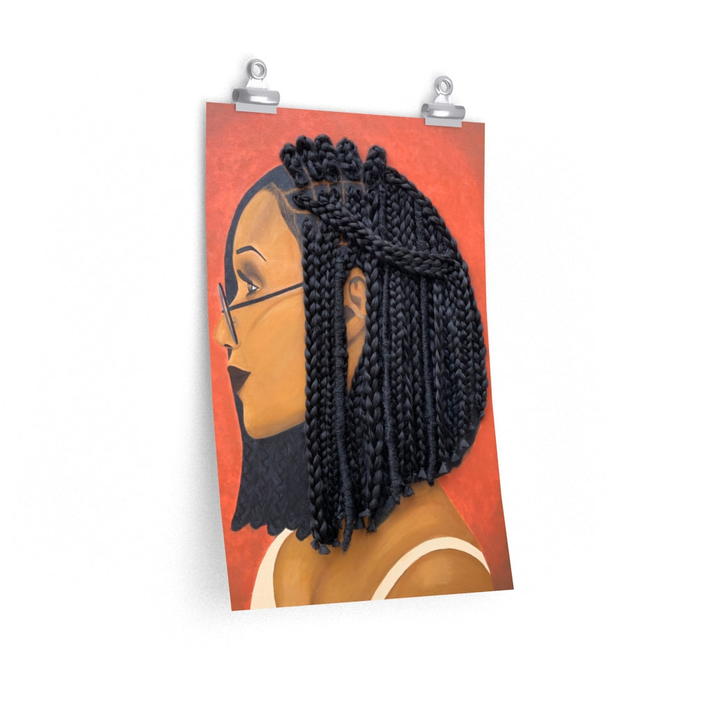 Print, decor, home Harmony 3D Hair Art Orange background with asymmetrical box braids and glasses. Black art, 3D Hair art, natural hair art