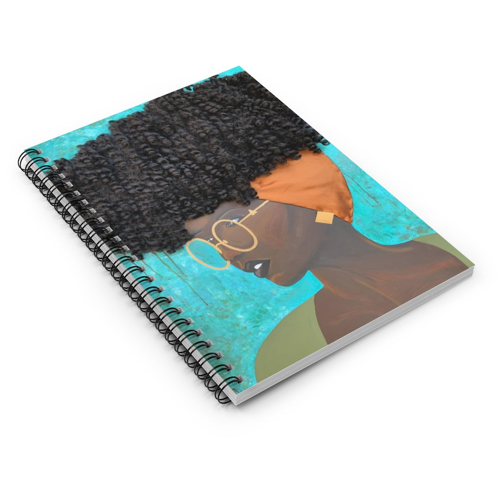 notebook, journal, stationary, paper, art, Dreamer 3D Hair Art Blue background with curly hair and an orange head scarf with gold jewelry, and glasses. Black art, 3D Hair art, natural hair art