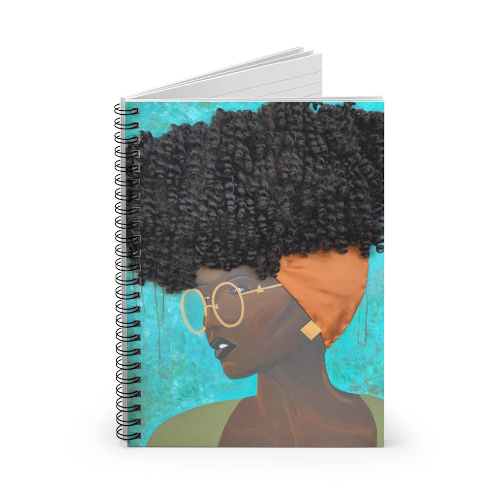 notebook, journal, stationary, paper, art, Dreamer 3D Hair Art Blue background with curly hair and an orange head scarf with gold jewelry, and glasses. Black art, 3D Hair art, natural hair art