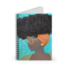 notebook, journal, stationary, paper, art, Dreamer 3D Hair Art Blue background with curly hair and an orange head scarf with gold jewelry, and glasses. Black art, 3D Hair art, natural hair art