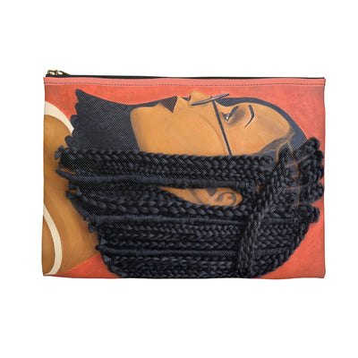 Pouch, bag, makeup bag, pencil bag, wallet, purse, Harmony 3D Hair Art Orange background with asymmetrical box braids and glasses. Black art, 3D Hair art, natural hair art