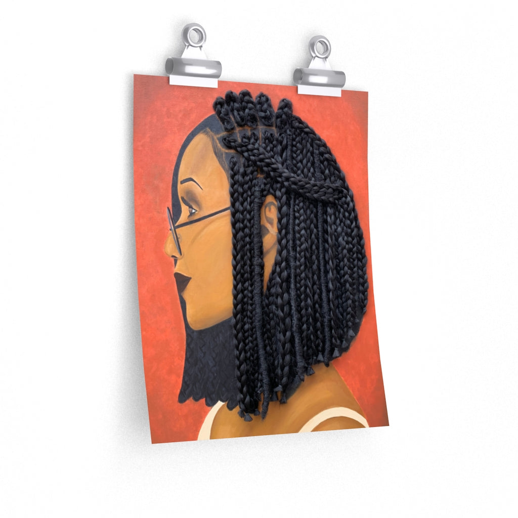 Print, decor, home Harmony 3D Hair Art Orange background with asymmetrical box braids and glasses. Black art, 3D Hair art, natural hair art